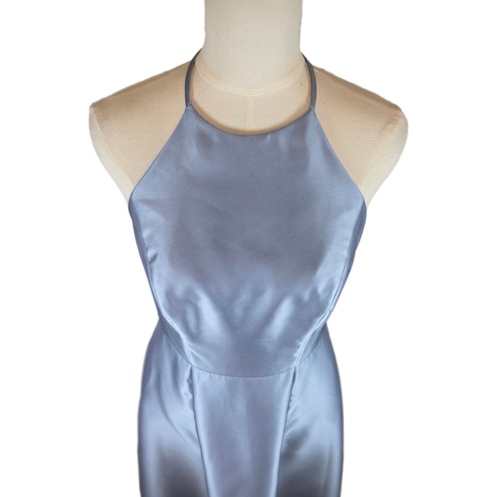 Alfred Sung Size 6 Cloudy Blue Satin High Neck Gown w/Pockets - Picture 3 of 12